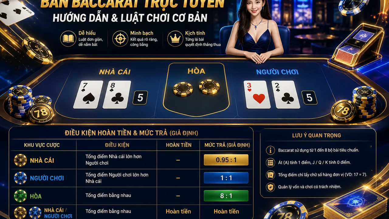Cửa hòa baccarat trên 78win tính như thế nào? Bảng đối chiếu dễ hiểu