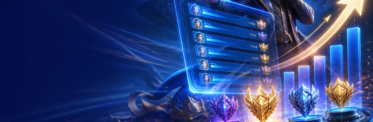 Banner bảng xếp hạng với huy hiệu và bảng hologram